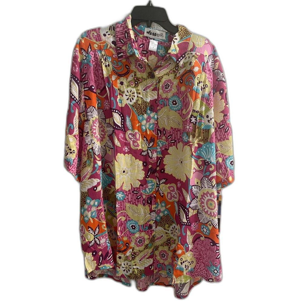 NEW We Be Bop 2X Floral Button Short Sleeve Blouse Shirt Top Pink Floral Print